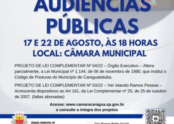 CÂMARA PROMOVE AUDIÊNCIAS PÚBLICAS NOS DIAS 17 E 22 DE AGOSTO
